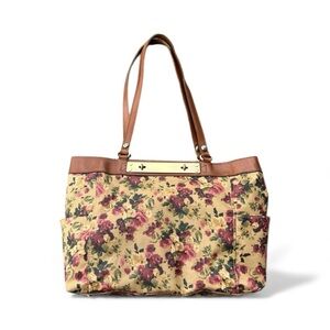 Patricia Nash Antique Rose Coated Linen Canvas Ria Tote Leather Trim Floral Tote